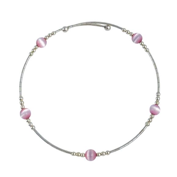 Pink Cat’s Eye Memory Wire Bracelet | Vintage Sterling Silver | 7.5” Adjustable - Picture 1 of 4